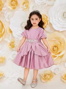 SHEIN Glamorique Kids 少女純色簡約蝴蝶結裝飾禮服 - 粉色 - 查看 3