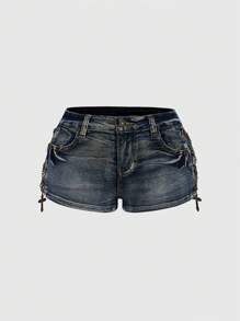 ROMWE Grunge Punk Spring/Summer Plus Size Gal Style Vintage Distressed Side Metal Cross Pendant Low Rise Mini Low Waist Denim Shorts - Blue - View 3