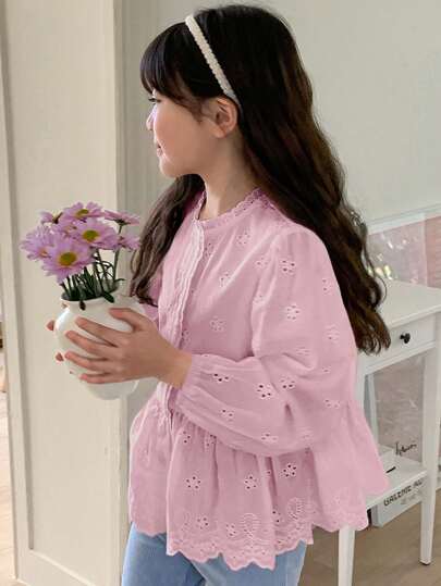 Dazy Kids Tween 女童休闲纯色镂空刺绣长袖衬衫