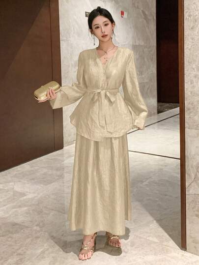 DAZY 女士两件套：纯色长袖衬衫和长裙，休闲夏日