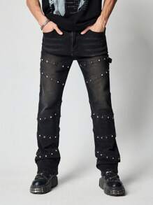 ROMWE MEN Street Life Quần Jeans Denim Trang Trí Đinh Tán Ôm Vừa Vặn Cho Nam - Xám - Xem 6