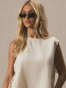 MUSERA Boat Neck Tie Split Sides Floaty Top Spring Summer Cute Vacation 90's Elegant Beach