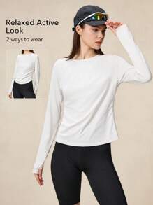 OutZeal 女士户外白色T恤 徒步健身上衣 长袖 防紫外线 凉爽触感 侧边褶皱抽绳带拇指孔