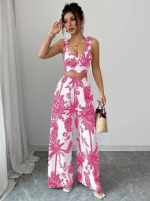 Elenzga Bohemian Blue & White Print Strap Tie Front Crop Top And Straight Leg Long Pants 2 Pieces Set, Holiday Style - Hot Pink - View 4