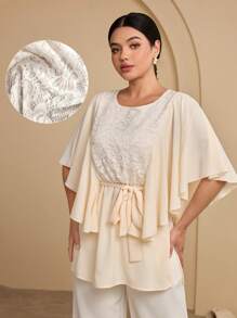 Seusyu Women's Lace Insert Round Neck Batwing Sleeve Belt Blouse - Multicolor - View 8
