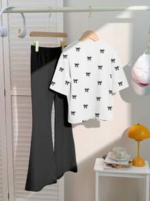 SHEIN Leap Crew 2 件套青少年女孩休闲蝴蝶结印花短袖 T 恤和裤子套装，适合夏季 - 彩色 - 查看 3