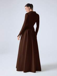 LYSMO V-Neck Patchwork Buttoned High-Low Cinched Waist Dress With Elegant Design - Brown - View 2