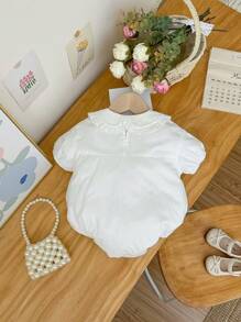 新生女宝宝可爱百搭休闲连体衣，彼得潘领，夏季 - 白色 - 查看 2