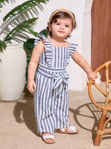 SHEIN Baby Girls Cute Striped Ruffled Crop Top And Pants 2 Pieces Set, Summer - Blue - View 3