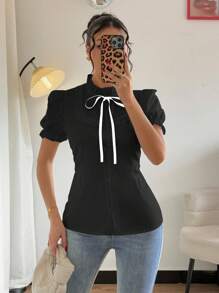 Chiquease Ruffled Cuff Elastic Hem Bowknot Blouse - Black - View 5