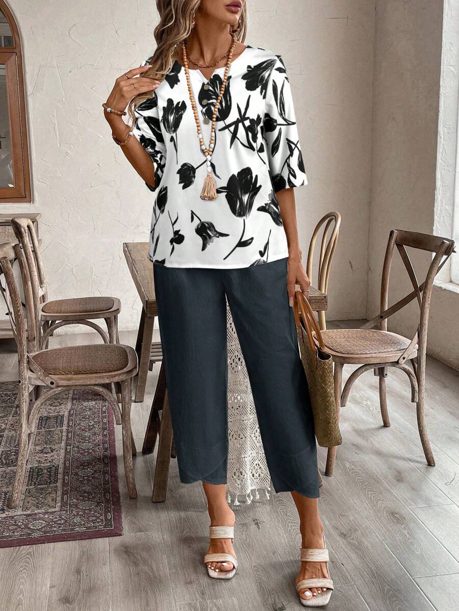 EMERY ROSE 花卉印花女式衬衫和 3/4 裤套装 - 黑色 - 查看 1