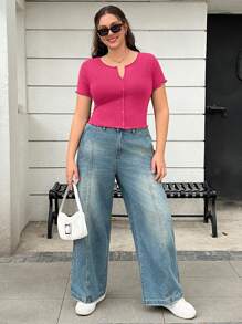 SHEIN EZwear 大码女式 V 领纯色短袖 T 恤 - 玫紅色 - 查看 4