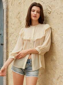 Aveloria Rosie Nueva Blusa elegante y casual de mujer con estilo francés retro, cuello en V, parche, acabado con volantes decorativos y mangas medianas de gasa