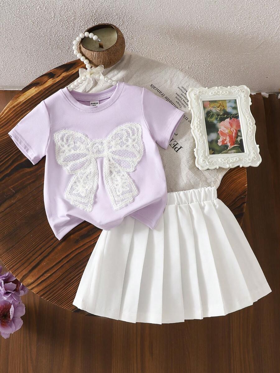 SHEIN 女婴春季服装套装，可爱蕾丝蝴蝶结上衣 + 百褶裙，2 件套