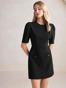 BizChic 2025 年夏季新款黑色圆领泡泡袖女式连衣裙，商务休闲日常通勤优雅海滩度假装，适合婚礼宾客、乡村音乐节、早午餐、机场装、90 年代复古、斯堪的纳维亚、7 月 4 日 - 黑色 - 查看 4