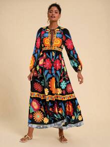Travachic Vacation Floral Print Tie Up Long Sleeve Dress,Fall Clothes,Elegant Women Dresses,Fall Women Dresses,Mexican Women Dresses