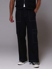 Musero Pantalones rectos de utilidad con pespunte de contraste para hombres - Negro - Ver 2