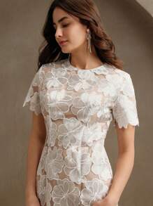 Anewsta 女士短袖刺绣优雅修身迷你连衣裙，性感，适合春夏季 - 杏色 - 查看 4