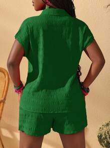 Slaydiva 全新休闲度假宽松女士纹理面料纽扣前衬衫和打结短裤 2 件套，夏季 - 綠色 - 查看 2