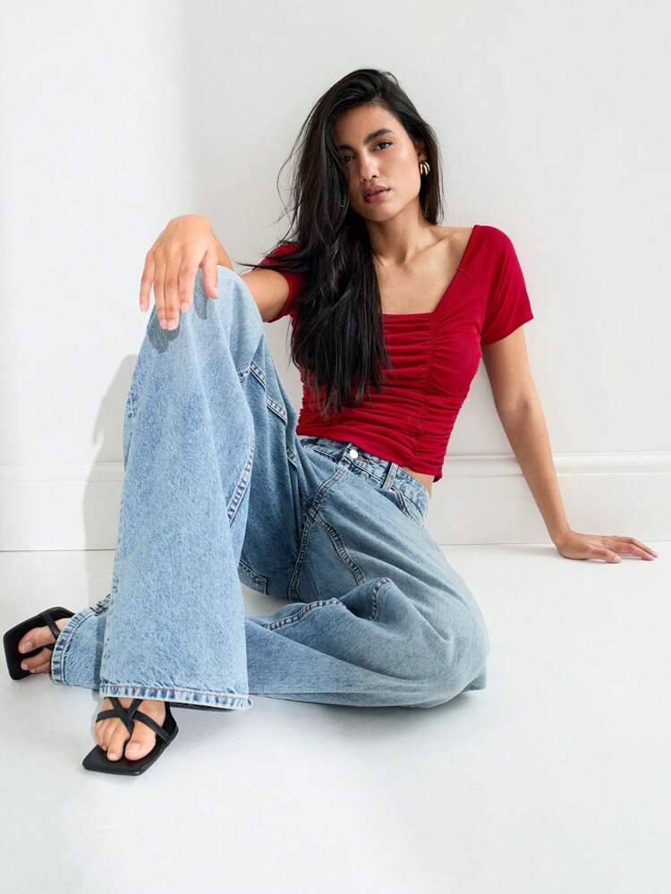 SHEIN Maija 2025 Spring/Summer New Casual Fashion Vacation Comfortable Solid Color Ruched Women Top