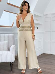 Flirla Women Plus Size French Style Casual Commuting Vacation Solid Color Deep V-Neck Tassel Trim Top And Long Pants Set - Apricot - View 3