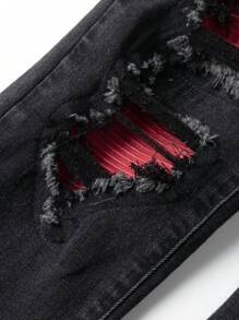 SHEIN Tween Boy Fashion Casual Base Comfortable Soft Cut Out Ripped Frayed And Red Patchwork Design Black Denim Stretch Skinny Jeans For Boy Soft Dailywear And Kids Summer And Spring Clothes