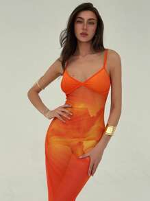 Aloruh 全新浪漫碎花修身紧身鱼尾连衣裙 - 橘色 - 查看 6