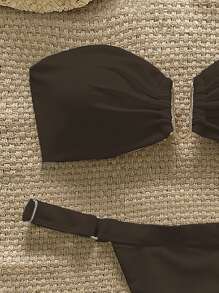 Swim Chiccia Bộ đồ bơi bikini 2 mảnh không dây màu trơn trang trí kim loại cho nữ mùa xuân, trang phục đi biển mùa hè tối giản - màu nâu - Xem 3