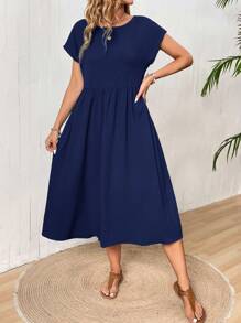 EMERY ROSE Đầm suông rộng rãi màu trơn đơn giản có túi xéo dành cho nữ - Màu xanh hải quân - Xem 3