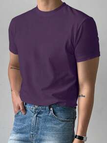 DAZY 男士休闲纯色圆领短袖 T 恤，夏季 - 紫色 - 查看 5