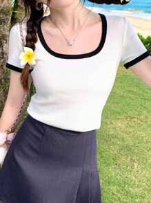 DAZY 女式方领短袖休闲百搭T恤学院风上衣 - 白色 - 查看 3