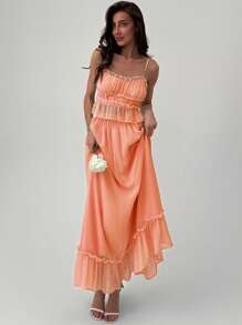 Aloruh 2 件套女士浪漫约会度假撞色边纹理吊带背心上衣 + 撞色边伞形下摆裙 - 珊瑚粉 - 查看 3