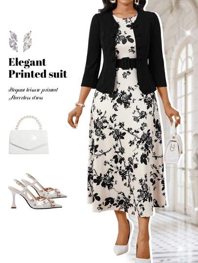 SHEIN Lady Vestidos elegantes de flores en blanco y negro para mujer, ideales para el día a día, vacaciones, fiestas, cumpleaños, trabajo y eventos de iglesia. Conjunto de 2 piezas con cárdigan de manga 3/4 de unicolor y vestido sin mangas con estampado floral