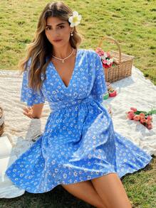 SHEIN LUNE Plus Size V-Neck Ditsy Floral Mini Dress, Spring/Summer - Blue - View 3