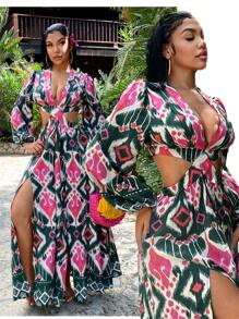 SHEIN SXY Vestido mini de mangas de linterna sexy con estampado geométrico hueco para mujer durante las vacaciones - Multicolor - Ver 5