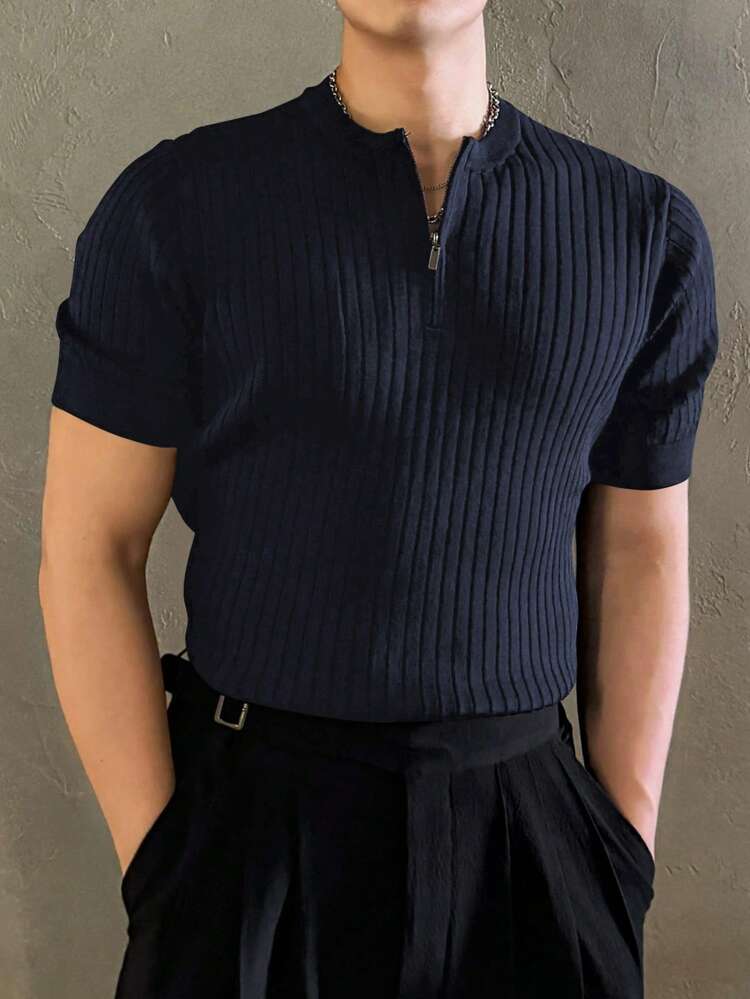 1pc Men's Solid Color Half Zip Knitted Sweater, Summer