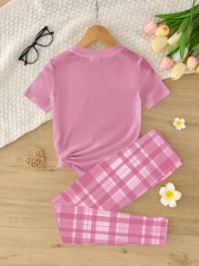 SHEIN Leap Crew Set Piyama Rajut Rib Lengan Pendek dan Celana Panjang Minimalis Kasual untuk Anak Perempuan Remaja, Pas Badan, Musim Semi/Panas - Putih - View 2
