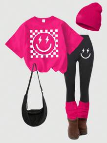 SHEIN 返校少女时尚休闲豹纹樱桃字母图案圆领短袖T恤豹纹打底裤套装个性街头套装夏秋装 - 彩色 - 查看 3