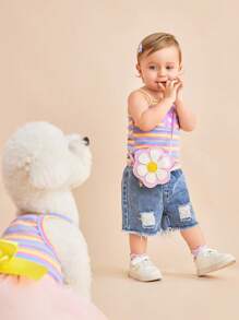 SHEIN 2pcs/Set Baby Girls Peter Pan Collar Rainbow Ribbed Tee + Elastic Waist Denim Ripped Shorts Set, Adorable Casual Outfit For Summer - Multicolor - View 8