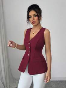 Elenzga Áo sơ mi nữ không tay thời trang xuân hè thanh lịch tinh tế, áo sơ mi không tay cổ chữ V cài nút ngọc trai màu trơn có ve áo, dáng ôm - Màu Đỏ Sâu - Xem 4