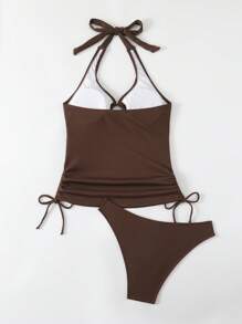 SHEIN Swim 女式常规 2 件套简约纯色休闲比基尼套装，适合夏季 - 咖啡棕 - 查看 5