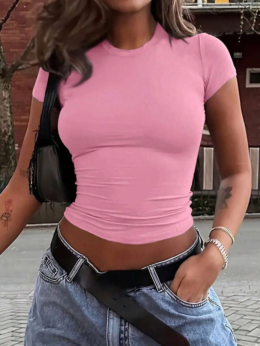 INAWLY Solva 女士夏季純色圓領短袖修身休閒T恤 - 粉色 - 查看 1