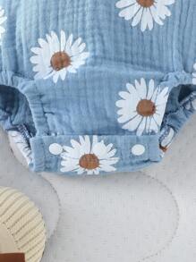 SHEIN Newborn Baby Daisy Floral Print Square Collar Ruffle Hem Bodysuit - Multicolor - View 5