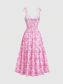 Sweetra French Summer New V-Neck Hollow Out Vacation Elegant Pink Floral Print Sling Dress For Women - Pink - View 2