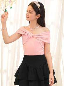Blusa elegante con nudo y lazo asimétrico de punto para niñas preadolescentes, camisa rosa, estilo francés de moda, blusa dulce para volver a la escuela, a juego con mamá - Rosa - Ver 3