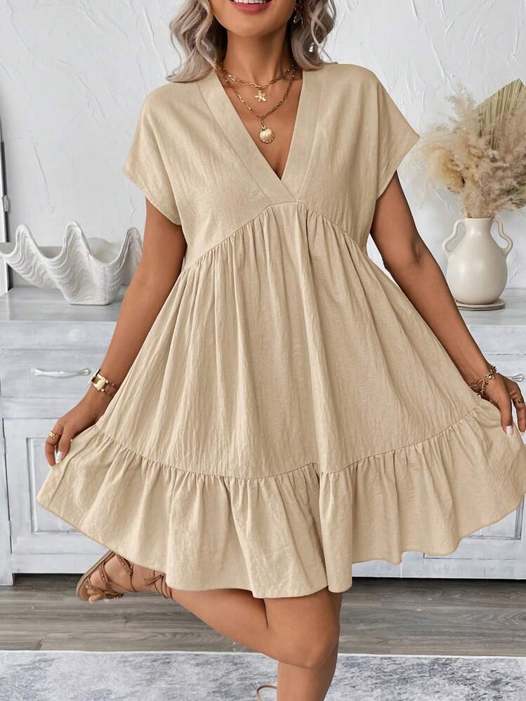 SHEIN LUNE Vestido Casual de Verão Romântico para Praia Curto e Rosa para Mulheres - Caqui - Visão 6