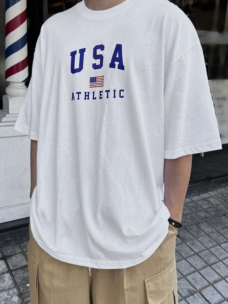 Men's Letter & National Flag Print White T-Shirt For 4th Of July
