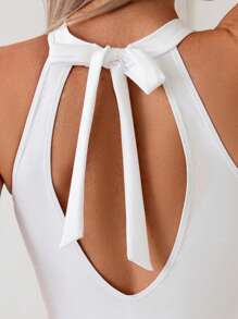 SHEIN Swim Elegant Solid Color Hollow Halter One-Piece Swimsuit For Summer Beach Vacation - White - View 5