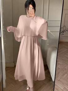 DAZY 女士雪纺中长款派对连衣裙，春秋季优雅长袖连衣裙 - 卡其色 - 查看 4