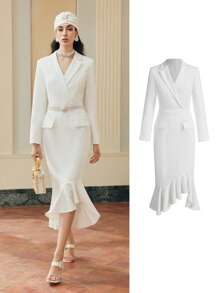 ZEYLAH WOMEN'S RUFFLE HEM LONG SLEEVE FITTED BLAZER DRESS - White - View 2